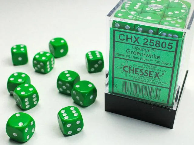 Opaque 12mm d6 Dice Block - Green/White - ZZGames.dk