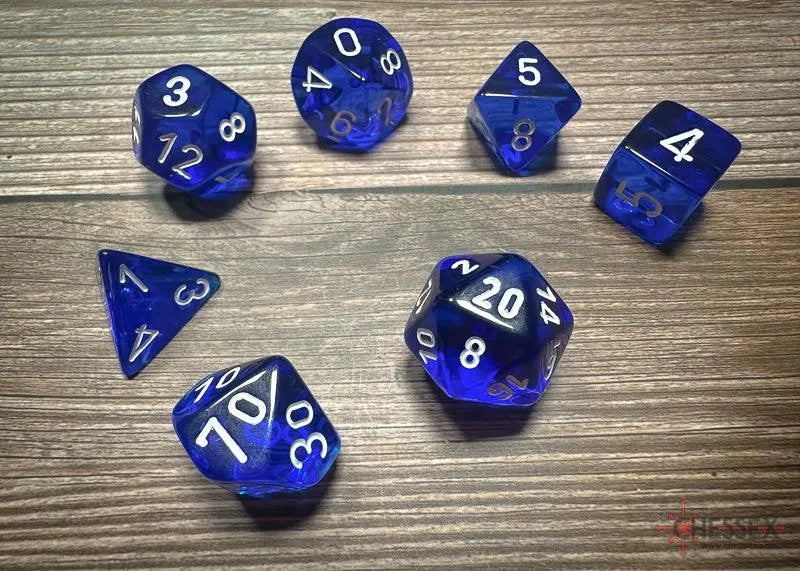 Translucent Polyhedral 7-Die Set - Blue/white - ZZGames.dk