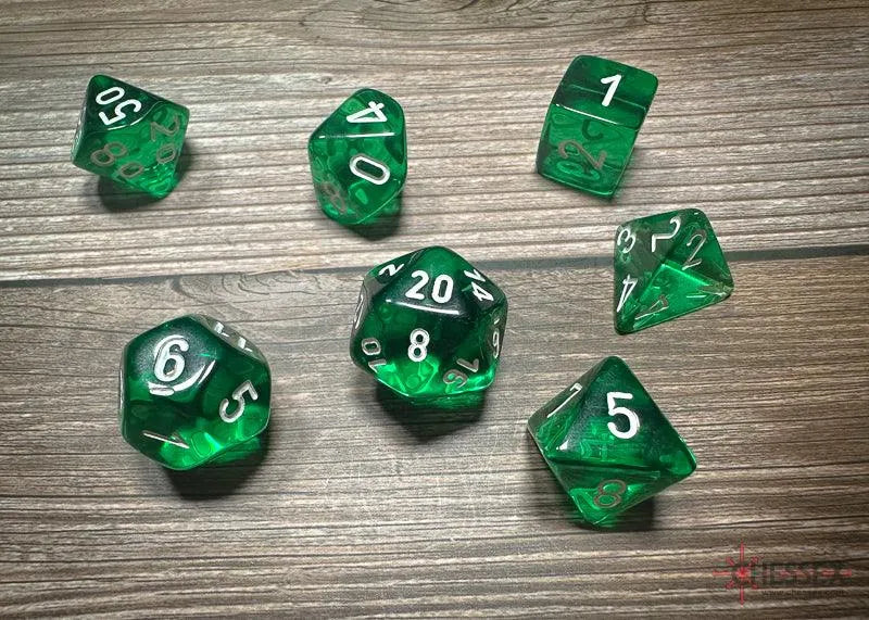 Translucent Polyhedral 7-Die Set - Green/white - ZZGames.dk