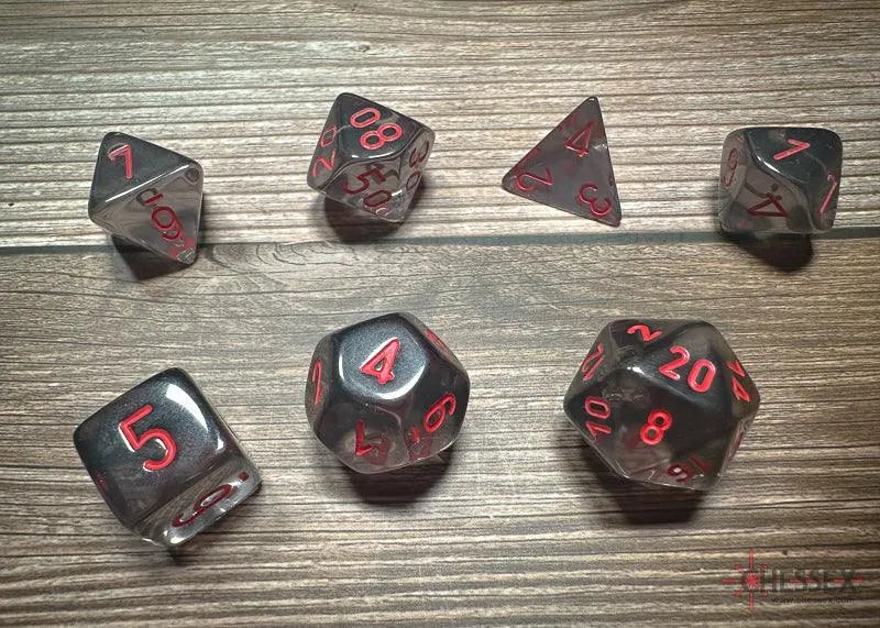 Translucent Polyhedral 7-Die Set - Smoke/red - ZZGames.dk